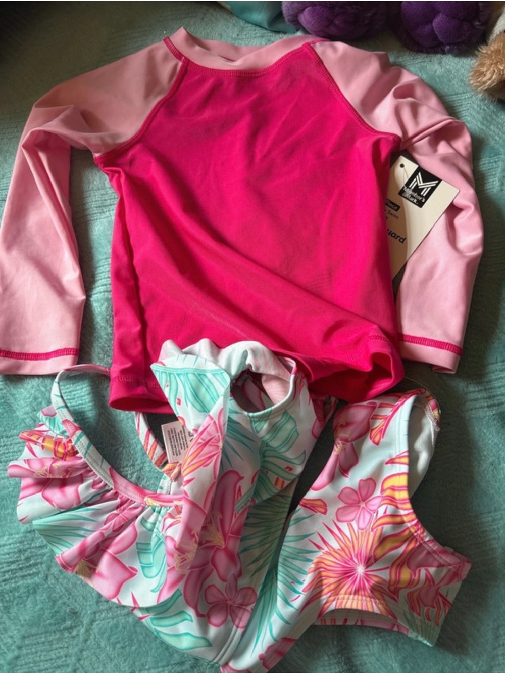 Kids Pink Long Sleeve Rash Guard Swim Top with Floral Bikini Set